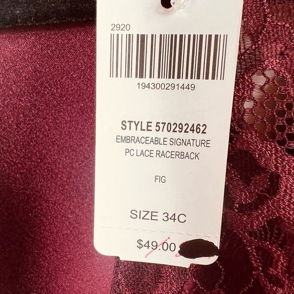 NWT Soma Embraceable Lace Underwire Lined Racerback Bra 34 C Fig maroon #0612 - Picture 9 of 11